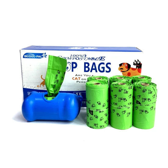 Bolsas biodegradables PLA Pbat de almidón de maíz Bolsas de basura para caca Bolsas de basura de plástico para caca de perro en rollo con núcleo de papel